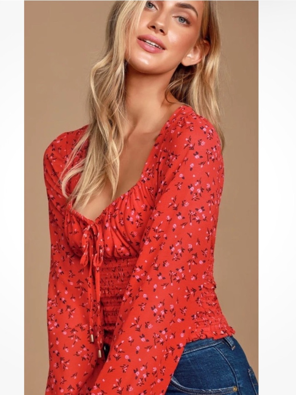 Free People Lolita Top In Red Floral  Blouse Size M